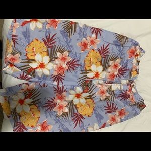 Men Tropical Print Drawstring Waist Swim Trunks